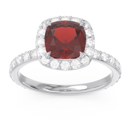 Garnet Engagement Ring in 14k White Gold with Diamond - Candra Cushion Halo Ring