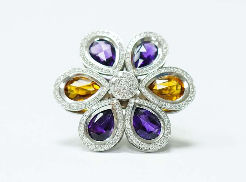 pastel flower gem ring with amethyst and citrine