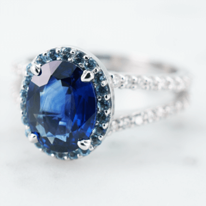 Halo Pave Oval Palya Blue Sapphire Ring with Aquamarine in 14k White Gold